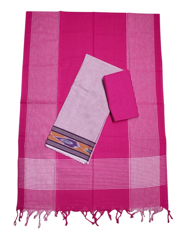 Pink Handloom Cotton Unstitched Salwar Suit Set with Ikkat Border for Women