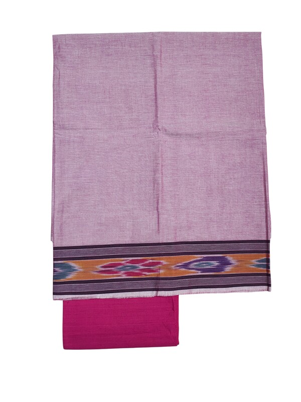 Pink Handloom Cotton Unstitched Salwar Suit Set with Ikkat Border for Women