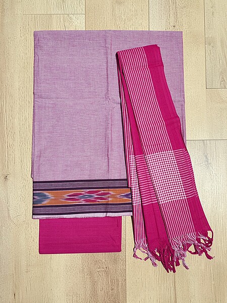 Pink Handloom Cotton Unstitched Salwar Suit Set with Ikkat Border for Women