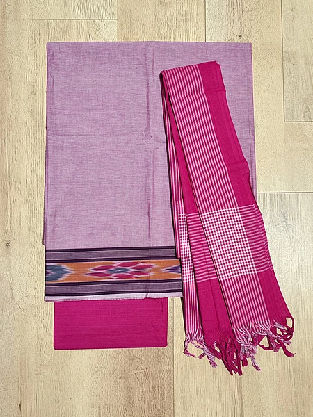 Pink Handloom Cotton Unstitched Salwar Suit Set with Ikkat Border for Women