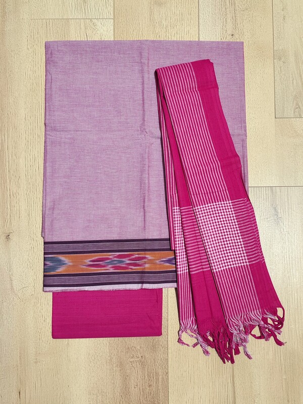 Pink Handloom Cotton Unstitched Salwar Suit Set with Ikkat Border for Women