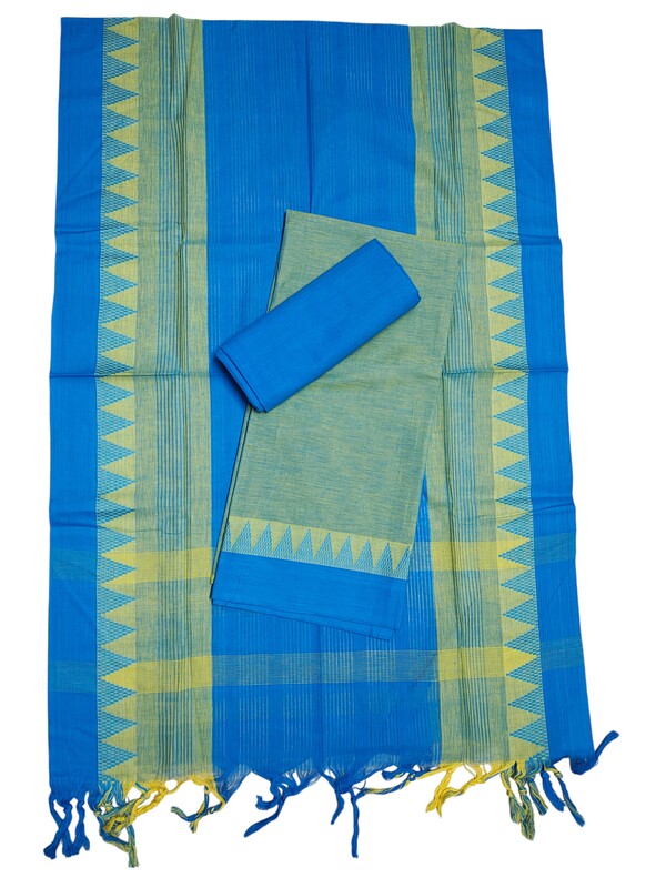 Blue & Green Handloom Mangalagiri Cotton Dress Materials with Temple Border