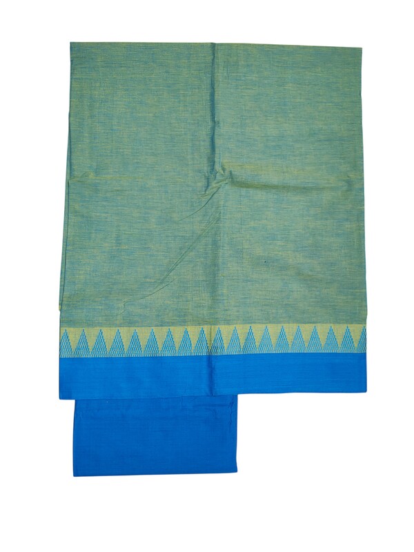 Blue & Green Handloom Mangalagiri Cotton Dress Materials with Temple Border