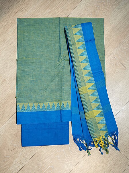Blue & Green Handloom Mangalagiri Cotton Dress Materials with Temple Border