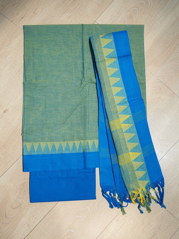 Blue & Green Handloom Mangalagiri Cotton Dress Materials with Temple Border