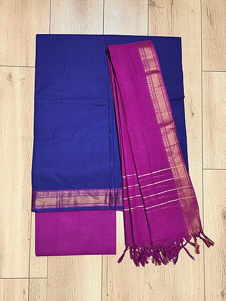 Blue & Pink Mangalagiri Cotton Unstitched Salwar Suit Set with Dupatta for Women
