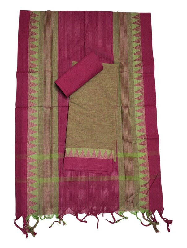 Maroon & Green Handloom Mangalagiri Cotton Dress Materials with Temple Border