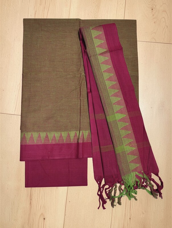 Maroon & Green Handloom Mangalagiri Cotton Dress Materials with Temple Border