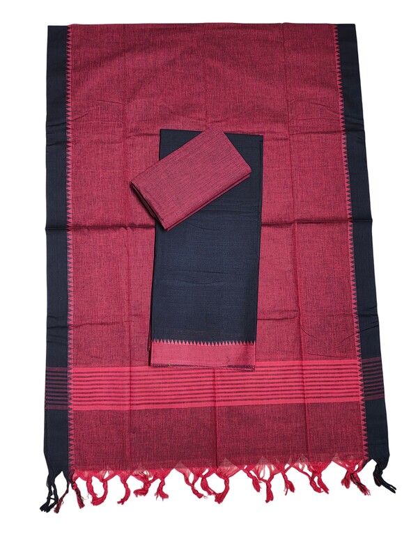 Black Handloom Cotton Unstitched Salwar Suit Set with Temple Border for Women