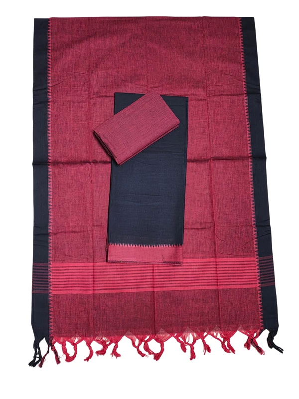 Black Handloom Cotton Unstitched Salwar Suit Set with Temple Border for Women