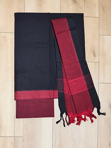 Black Handloom Cotton Unstitched Salwar Suit Set with Temple Border for Women