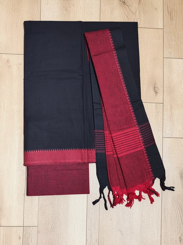 Black Handloom Cotton Unstitched Salwar Suit Set with Temple Border for Women