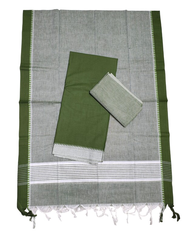 Olive Green Mangalagiri Cotton Unstitched Salwar Suit with Temple Border for Women