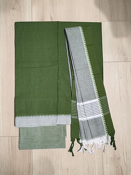 Olive Green Mangalagiri Cotton Unstitched Salwar Suit with Temple Border for Women