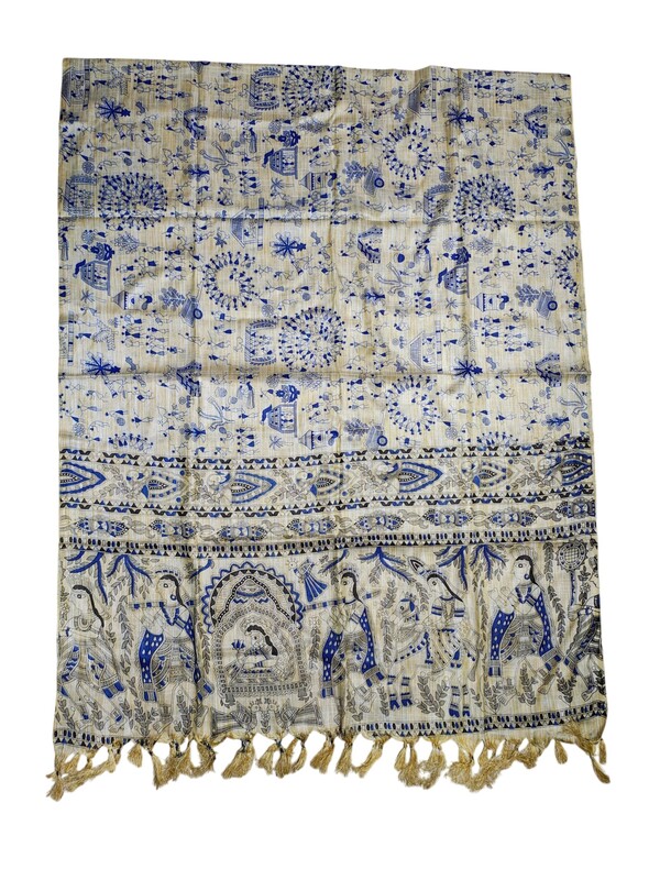 Madhubani Print Indigo Cotton Silk Dupatta for Women
