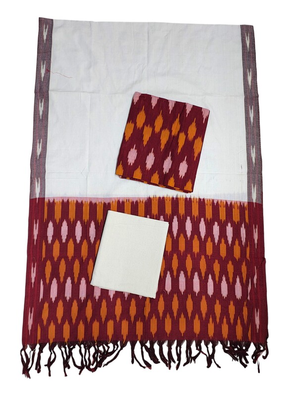 Maroon & Orange Pochampally Ikkat Cotton Unstitched Salwar Suit Set with Dupatta