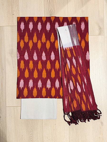 Maroon & Orange Pochampally Ikkat Cotton Unstitched Salwar Suit Set with Dupatta