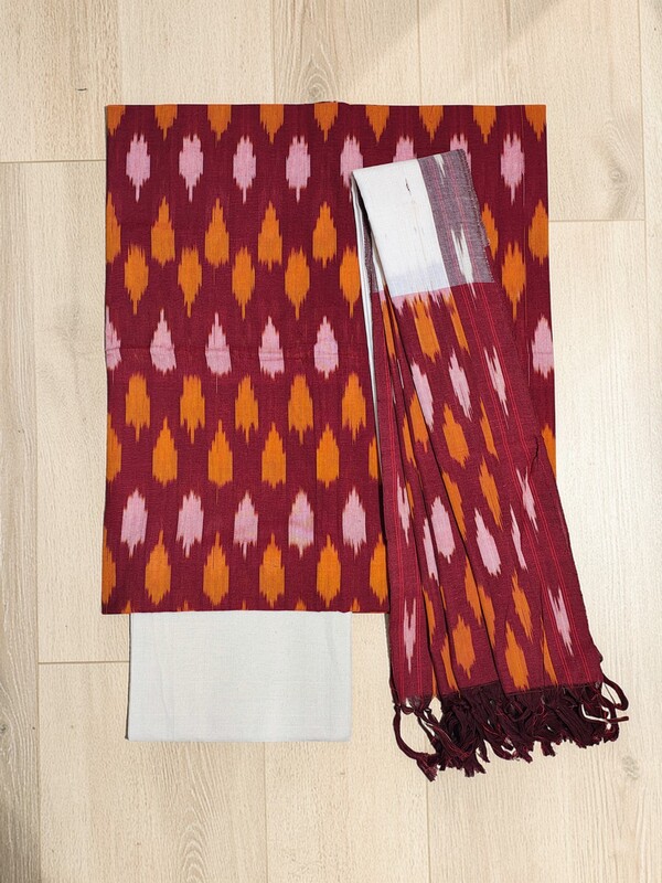 Maroon & Orange Pochampally Ikkat Cotton Unstitched Salwar Suit Set with Dupatta