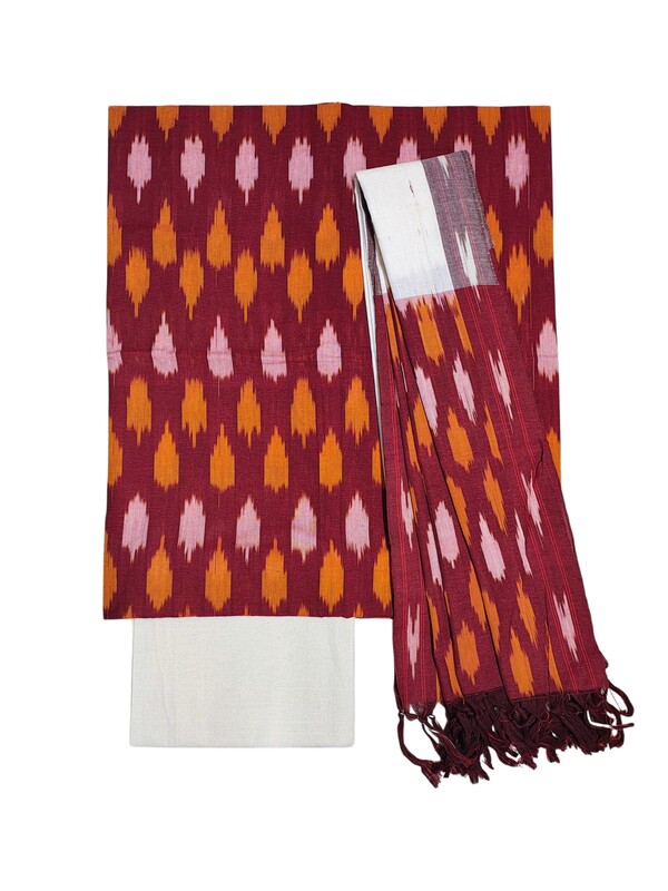 Maroon & Orange Pochampally Ikkat Cotton Unstitched Salwar Suit Set with Dupatta