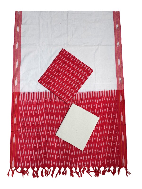 Red & White Pochampally Ikkat Cotton Dress Materials with Dupatta