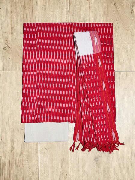 Red & White Pochampally Ikkat Cotton Dress Materials with Dupatta