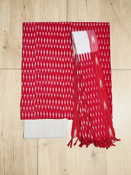 Red & White Pochampally Ikkat Cotton Dress Materials with Dupatta