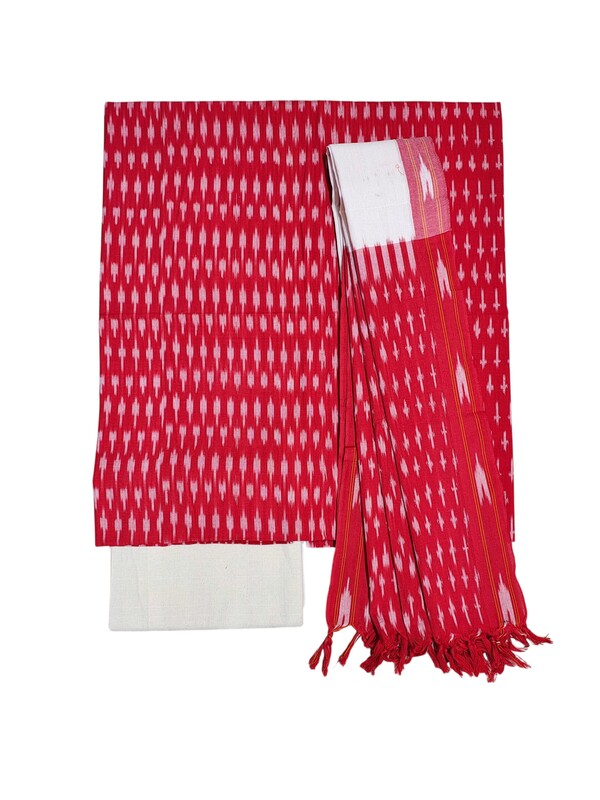 Red & White Pochampally Ikkat Cotton Dress Materials with Dupatta