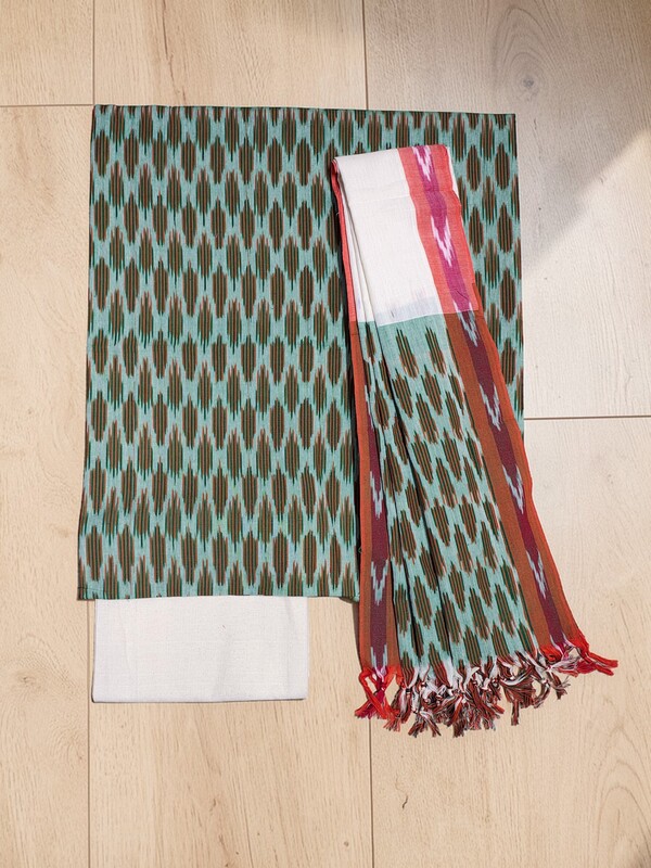 Mint Green Pochampally Ikkat Cotton Unstitched Salwar Suit Dress Material with Dupatta