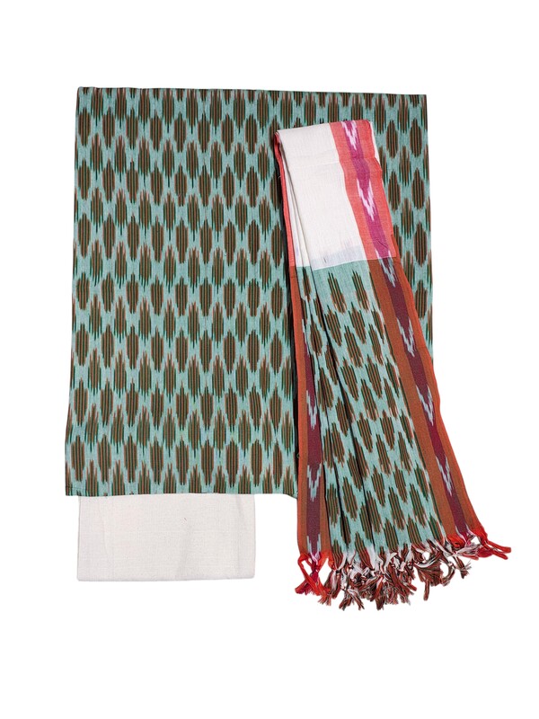 Mint Green Pochampally Ikkat Cotton Unstitched Salwar Suit Dress Material with Dupatta