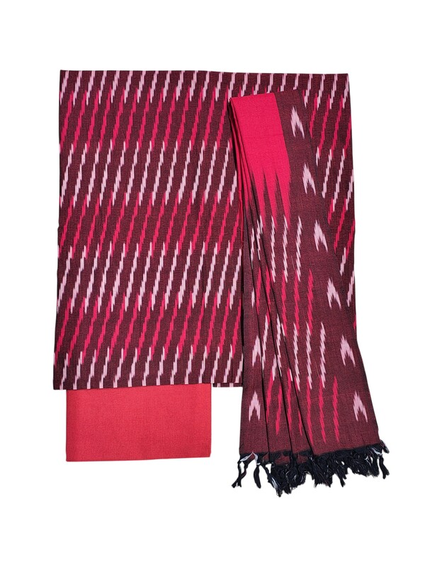 Rust & Maroon Pochampally Ikkat Cotton Unstitched Salwar Suit Set with Dupatta