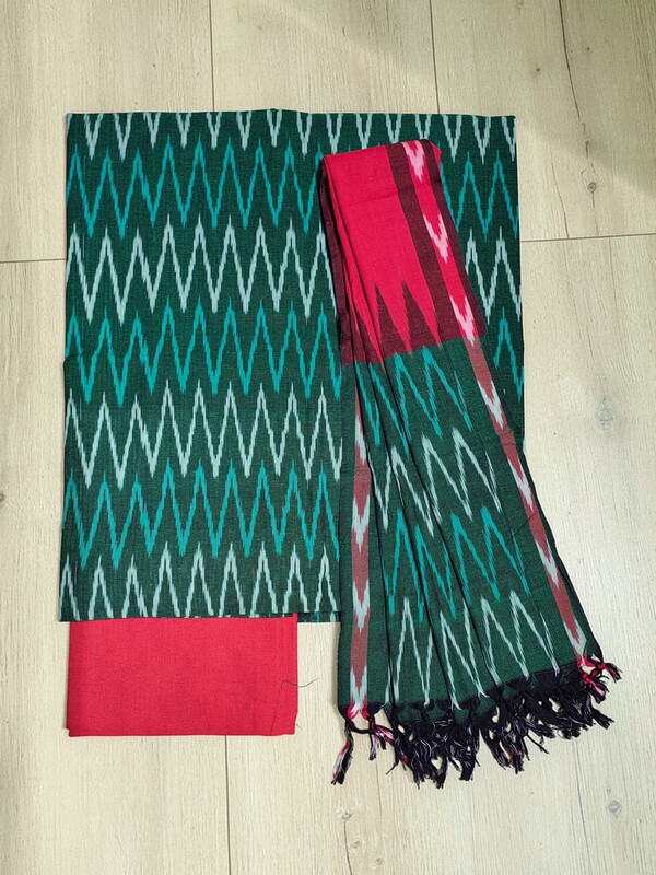 Maroon & Green Pochampally Ikkat Cotton Unstitched Salwar Suit Set