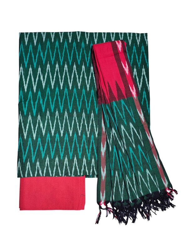 Maroon & Green Pochampally Ikkat Cotton Unstitched Salwar Suit Set