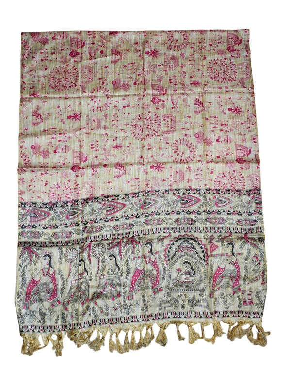 Pink Madhubani Print Cotton Silk Dupatta for Women