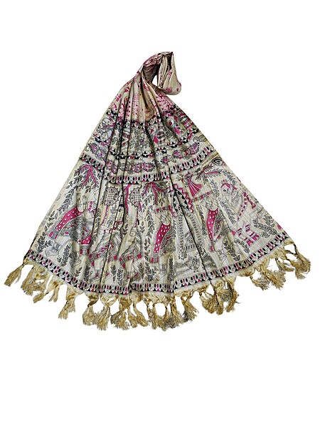 Pink Madhubani Print Cotton Silk Dupatta for Women
