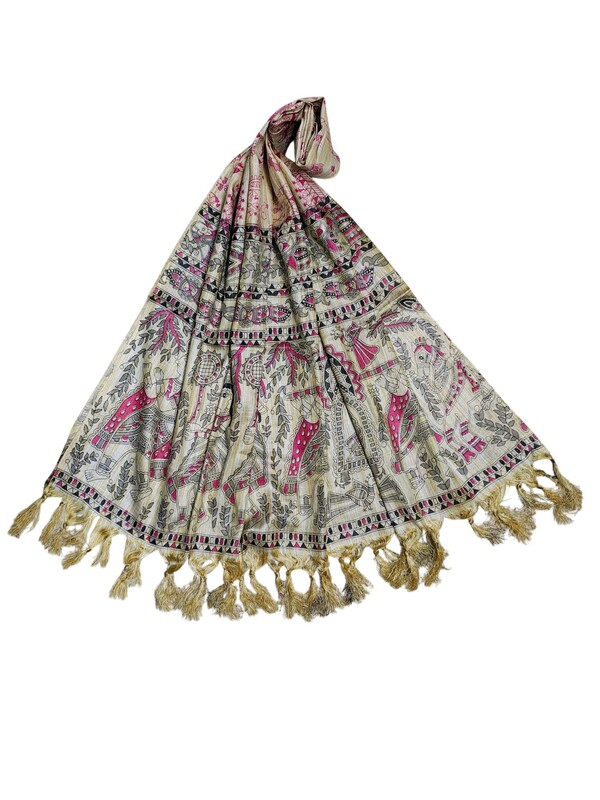 Pink Madhubani Print Cotton Silk Dupatta for Women