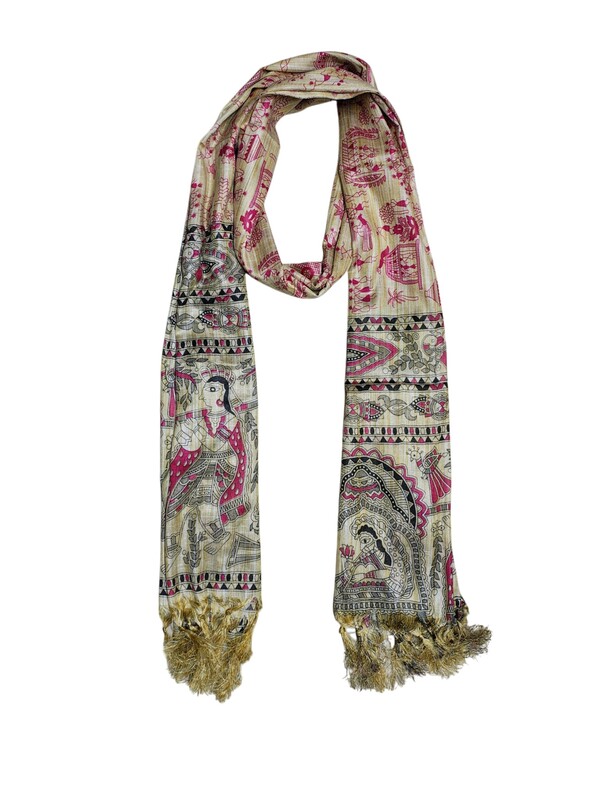 Pink Madhubani Print Cotton Silk Dupatta for Women