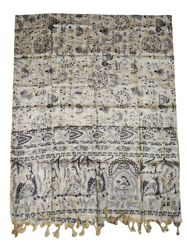 Madhubani Print Black Cotton Silk Dupatta for Women