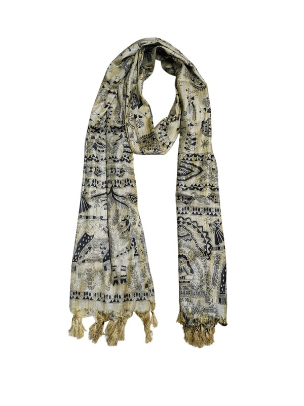 Madhubani Print Black Cotton Silk Dupatta for Women
