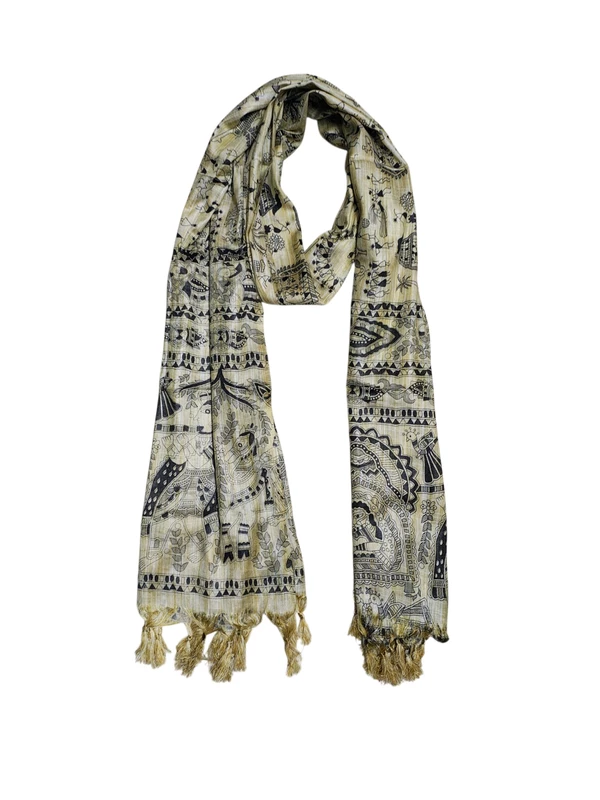 Madhubani Print Black Cotton Silk Dupatta for Women