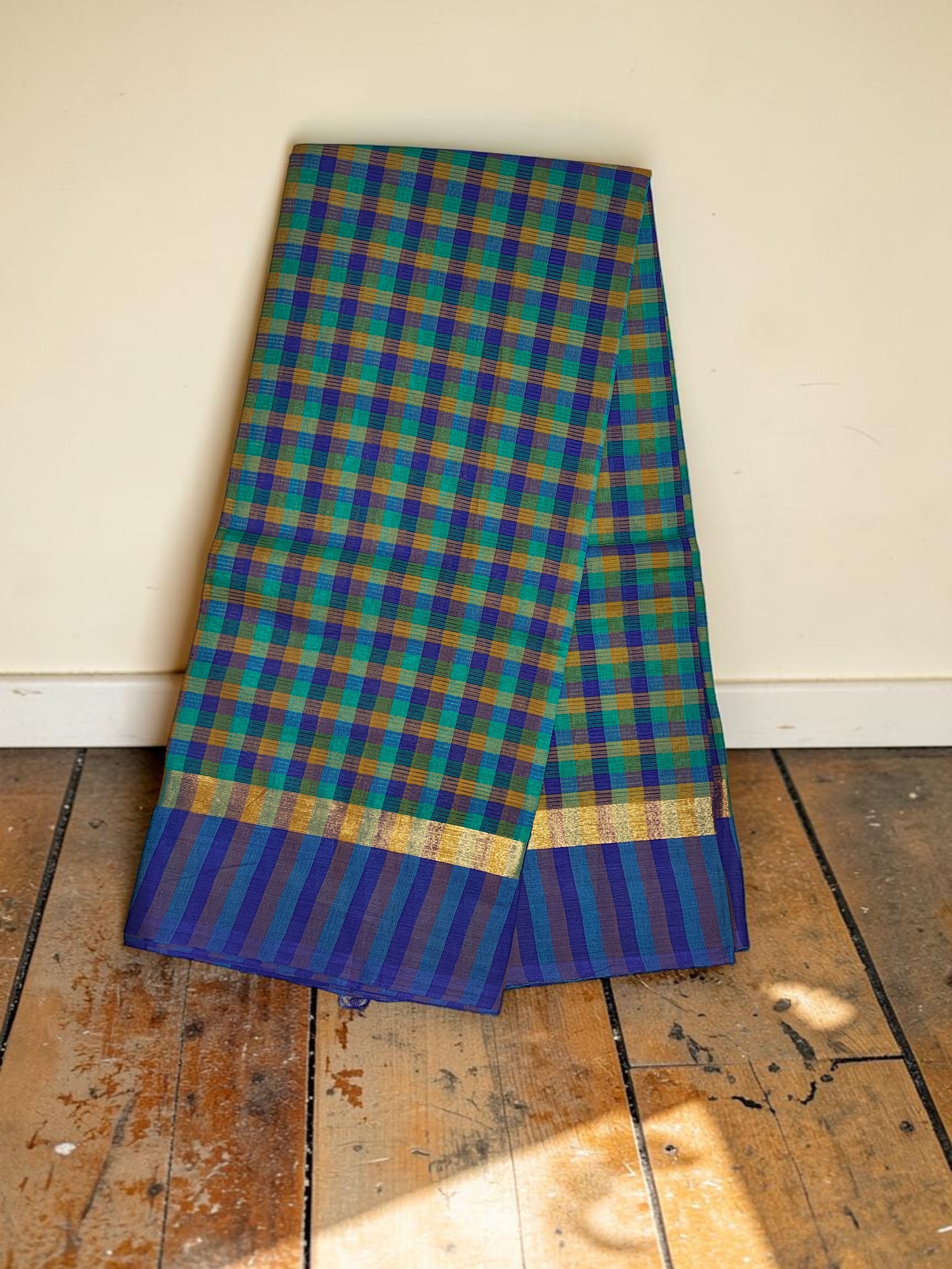Green & Blue Mangalagiri Handloom Cotton Saree with Blouse Piece