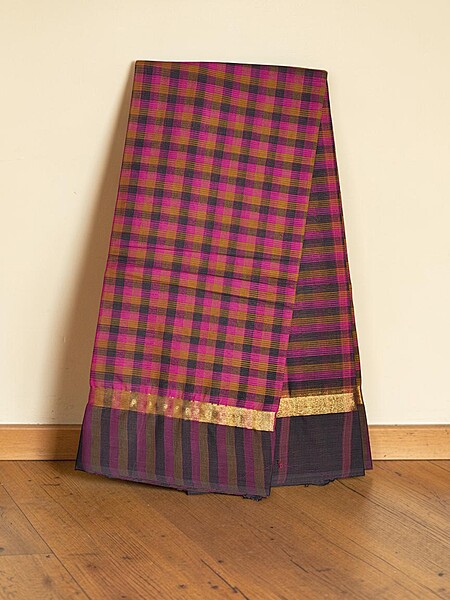 Dark Pink Mangalagiri Checks Cotton Saree with Blouse Piece