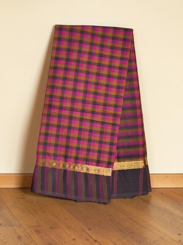 Dark Pink Mangalagiri Checks Cotton Saree with Blouse Piece