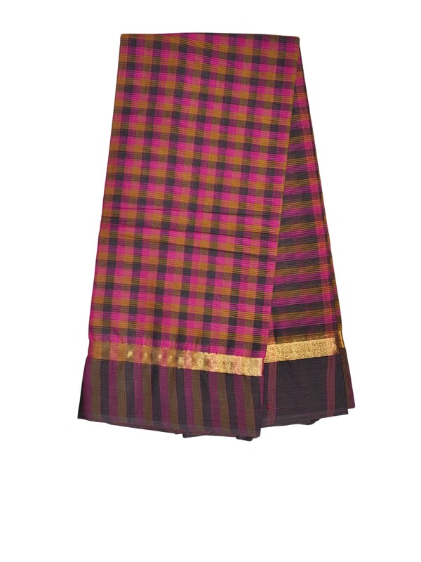 Dark Pink Mangalagiri Checks Cotton Saree with Blouse Piece