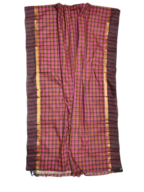 Dark Pink Mangalagiri Checks Cotton Saree with Blouse Piece