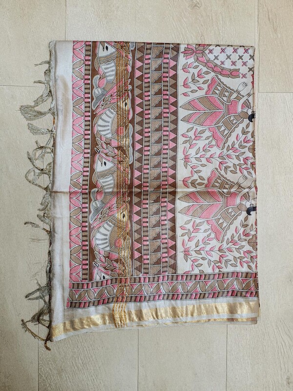 Maroon Madhubani Print Cotton Silk Saree with Running Blouse