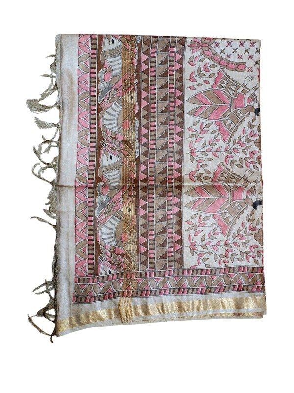 Maroon Madhubani Print Cotton Silk Saree with Running Blouse