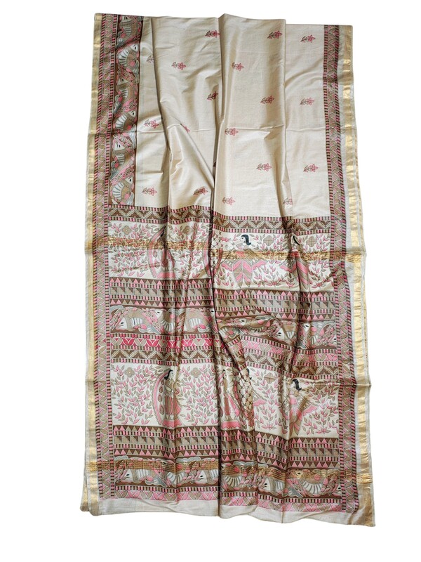 Maroon Madhubani Print Cotton Silk Saree with Running Blouse