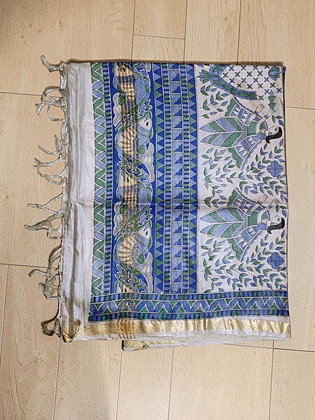 Green & Blue Madhubani Print Cotton Silk Saree with Running Blouse