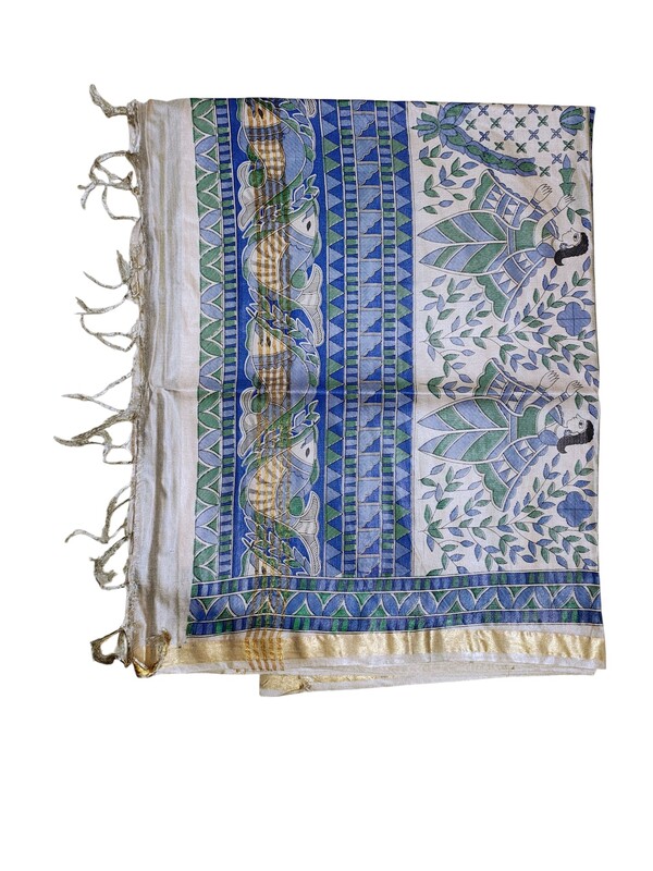 Green & Blue Madhubani Print Cotton Silk Saree with Running Blouse