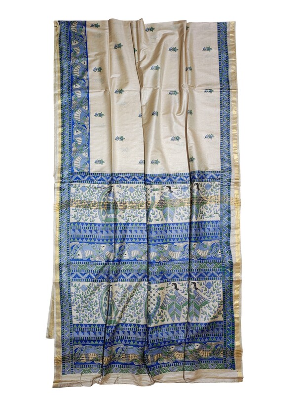 Green & Blue Madhubani Print Cotton Silk Saree with Running Blouse